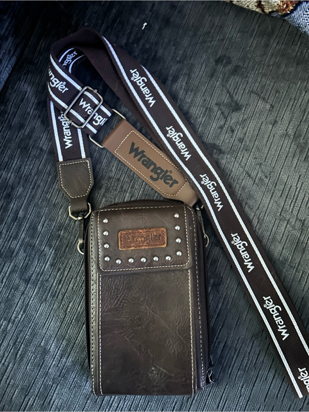 Wrangler Dark Brown Leather-Look Messenger Crossbody with Stud Accents